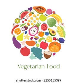 Organic food.Circle with fresh vegetables and fruits, berries, harvested inscription vegetarian food. Healthy fresh food, vegan. Decorative flat vector illustration isolated on white background.Garden