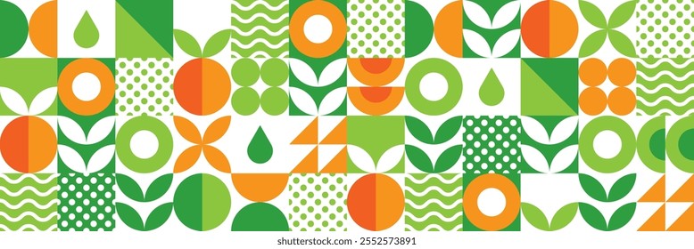 Organic food.Modern geometric background with abstract natural elements: fruits, leaves and flowers.Seamless pattern.Set of simple icons in flat style.Bauhaus design.Vector botanical illustration.