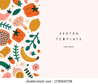 Organic foods frame template, vector layout with copy space, cute naive handdrawn fruits and vegetables, vector arrangement, good as menu cover, banner or brochure