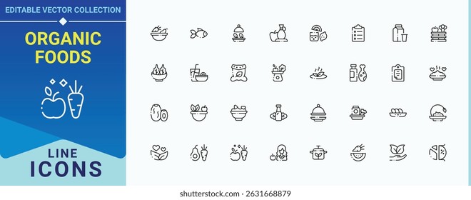 Organic Foods icon set. Includes thin line symbols food, healthy, eat, salad, health, vegan, vitamin and more. Healthy Food icon set. UI icons set in a thin style. Editable stroke. Vector collection.