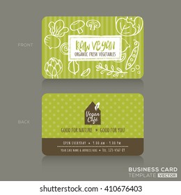 Organic Foods Shop Or Vegan Cafe Business Card Design Template With Vegetables And Fruits Doodle Background