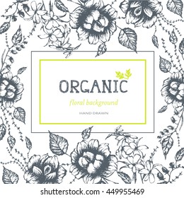 Organic frame. Hand drawn floral and botany background.  Vector illustration of natural cosmetic.