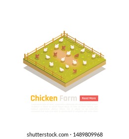 Organic free range bio poultry farm isometric composition with grass fed chickens within fenced pasture vector illustration 