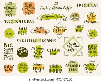 Organic Fresh Coffee. Fresh Natural Organic Food. Raw Vegan Delights. 100% Bio. Take away. Vector food labels for vegetarian restaurant, cafe, bakery menu. Hand drawn stickers. Lettering, calligraphy