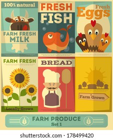 Organic Fresh Farm Food Posters Set. Retro Placard in Flat Design Style. Vector Illustration. Farming Concept.