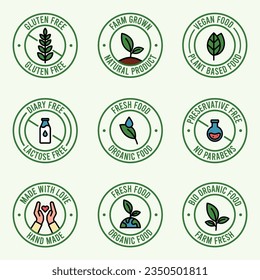 Organic Fresh Food Icon, Paraben free, farm grown, plant based food icon set-Vector Illustration