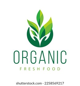 Organic Fresh Food Logo design. silhouette of Two Hands holding fresh abstract leaves.eps