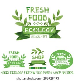 Organic fresh food,bio,ecology natural  logotypes set.Green Watercolor logo Badges with branch,ribbon,  plants elements ,letters and text.Hand drawing painting design template.Vintage vector