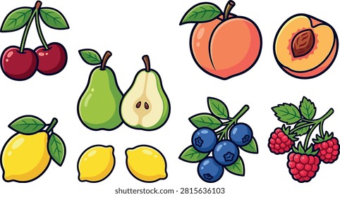 Organic fresh fruit sticker set featuring sweet cherries green pear half peach lemon blueberries and red raspberry branch icons vector illustration.