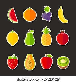 Organic fresh fruits and berries icons flat design on black background
