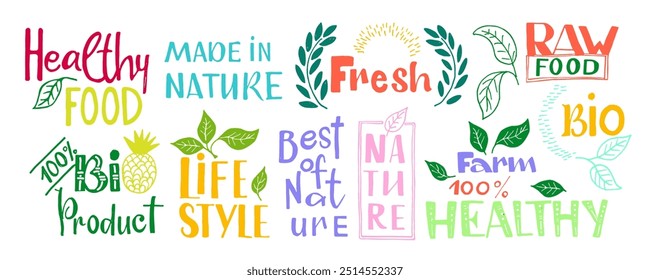 Organic fresh healthy food labels, bio eco friendly natural meal logo, vegan products badge isolated set decorated with green plant leaves vector illustration. Local farm market emblem for package