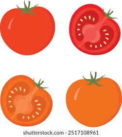 Organic Fresh Juicy Red Tomato Full and Half-Cut: Vector Illustration. Juicy Red Tomato Slice. Fresh Tomato Harvest. Stock Vector for Food and Agriculture.