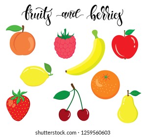 Organic, fresh and natural fruits icons and elements collection for food market, ecommerce, organic products promotion, healthy life, food and drink. Vector illustration.
