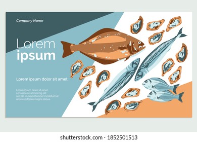 Organic fresh seafood landing page template. Healthy nutritious marine products assortment. Fish market, store, restaurant, delivery service website, homepage design cartoon vector illustration