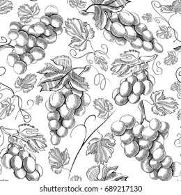 Organic fresh seamless pattern with repeating bunch of grapes in engraving style on white background vector illustration