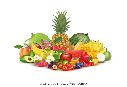 Organic fresh set of different vegetables and juicy fruits healthy food. Natural supplements vitamins and minerals. Medical health concept. On white background. 3D Realistic vector illustration.