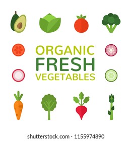 Organic fresh vegetables. Collection of flat vegetables. Healthy food design isolated on white background. Vegan menu. Vector illustration.