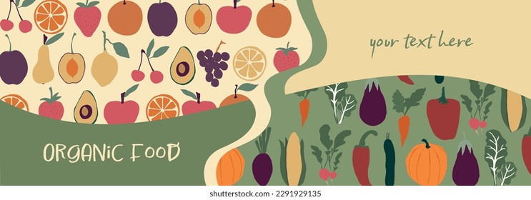 Organic and fresh vegetables and fruits food banner template. Farm that produces organic food. Market shop or restaurant using healthy and bio natural food products. Eco-environment
