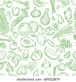 Organic fresh vegetables and fruits  vector background. Seamless Pattern.