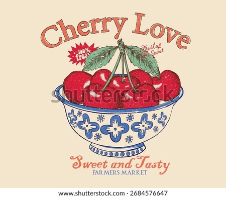 Organic fruit artwork for for t-shirt. Cherry bowl drawing. Cherry love. Cherry fruit print.