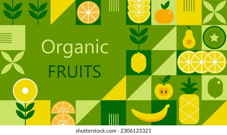 Organic fruit banner in geometric shapes. Vector.