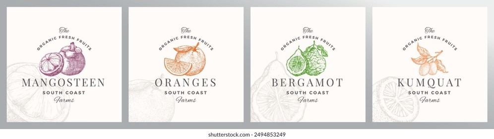 Organic Fruit Berries Logo Templates Set. Hand Drawn Mangostine, Orange, Bergamot and Kumquat Sketches with Retro Typography. Premium Plant Based Vegan Food Badge Emblems Collection. Isolated