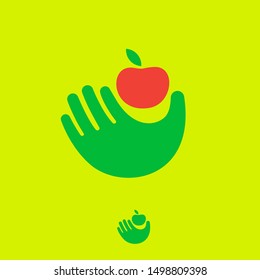 Organic Fruit Emblem On A Badge. Hand Are Keeping Ripe Apple  Hand Picking Icon.
