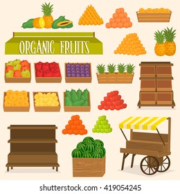 Organic fruit. Farm street market fruit shop accessory set isolated on white background. Wooden box and container, stand on wheel vector illustration. Organic natural food production and sale
