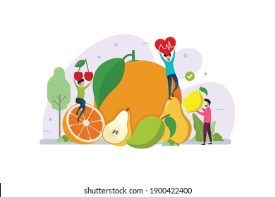 Organic Fruit For Healthy Lifestyle With Tiny People Design Concept Vector 
Illustration