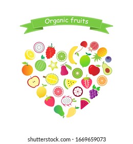 Modalidades cardíacas de frutas orgánicas (cereza, plátano, fresa, mangostino, sandía, piña, naranja, uva, rosa, arce, arándano, durión, limón, aguacate, mango, pomelo) sobre fondo blanco.