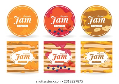 Organic fruit jam no sugar added circle and squared package sticker shop label set vector illustration. Sweet confiture dessert with orange mandarin strawberry blueberry and banana fruity food snack