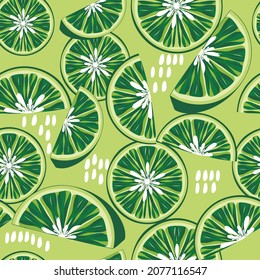 Organic fruit pattern with lime slices and abstract shapes.Vector seamless pattern in the colors of fresh juicy greenery.Botanical retro textura with citrus.Suitable for packaging,fabric,textile.