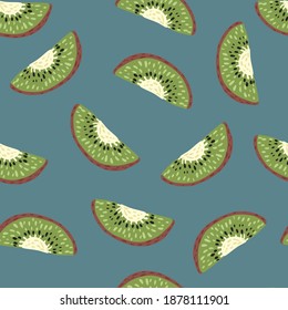 Organic fruit seamless doodle pattern with kiwi green ornament. Food print with pale blue background. Designed for fabric design, textile print, wrapping, cover. Vector illustration.