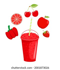 Organic Fruit Smoothie with fruit ingredients around vector illustration beverage. Cartoon fruit shake smoothie. Fruit and berry red smoothie.  Drinking menu, healthy vegan lifestyle 