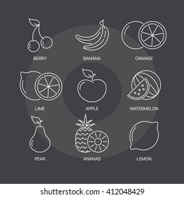 Organic fruit thin line icons set on dark background. Exceptional elegant linear logo concept. Exclusive outline sign vector illustration.