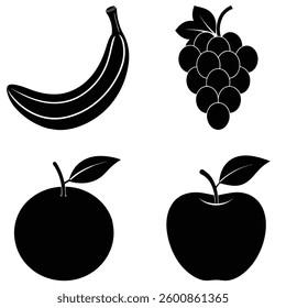 Organic fruit vector collection - silhouette style Black vector illustration design set of banana, grapes, orange and apple