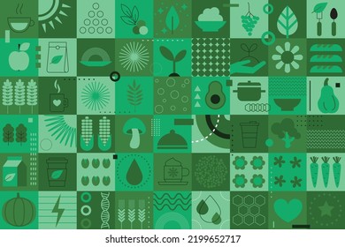 Organic fruit vegetable geometric pattern. Natural food background creative simple Bauhaus style, agriculture vector design. World Vegetarian Day. Meat-free delights. Local farmer's market. Vegetarian