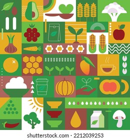 Organic fruit vegetable geometric pattern. Natural food background creative simple Bauhaus style, agriculture vector design. World Vegetarian Day. Meat-free delights. Local farmer's market. Vegetarian