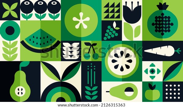 Organic fruit vegetable geometric pattern. Natural food green background creative simple style.