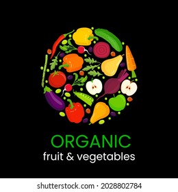 Bio-Obst und Gemüse-Emblem-Vorlage. Farbige Stock-Vektorgrafik.