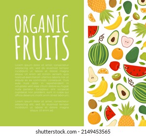 Organic fruits banner template with fresh ripe organic fruit and space for text vector illustration