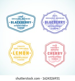 Organic Fruits and Berries Abstract Vector Signs, Symbols or Logo Templates Set. Black Berry, Lemon, Cherry Sketch Sillhouettes with Classic Retro Typography in Frames. Vintage Labels Bundle. Isolated