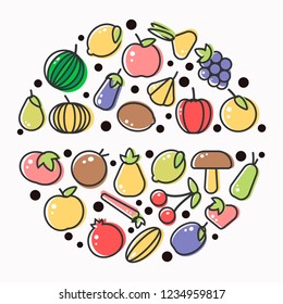 Organic fruits and berries harvest poster of fresh apple and mango or pineapple, natural pear, grape and tropical banana.