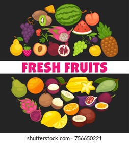 Organic fruits and berries harvest poster of fresh apple and mango or pineapple, natural pear, grape and tropical banana.