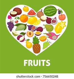 Organic fruits and berries harvest poster of fresh apple and mango or pineapple, natural pear, grape and tropical banana.