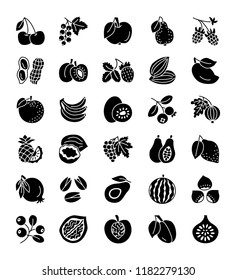 Organic fruits, berries & nuts. Vegan & vegetarian food. Healthy eating & loss weight diet ingredients. Vector flat icon collection. Isolated objects on white background. 