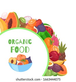 Organic fruits circle background cartoon vector illustration. Organic bananas, graipefruit, oranges, apples and figs, papaya, grapes, pomegranates fruity poster.