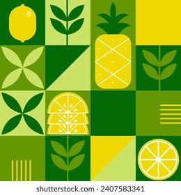 Organic fruits geometric pattern. Natural food in simple geometric shapes, geometric minimalist style with a simple shape. For flyer, web poster, natural products presentation templates. Vector.