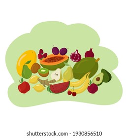 Organic fruits, healthy food. Poster, banner, background, template. Bananas, papaya, plums, lemon, pomegranate, watermelon. Vector illustration for printing on paper, fabric, website use