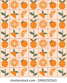 Organic fruits, orange geometric pattern. Natural food background creative simple bauhaus style, agriculture vector design